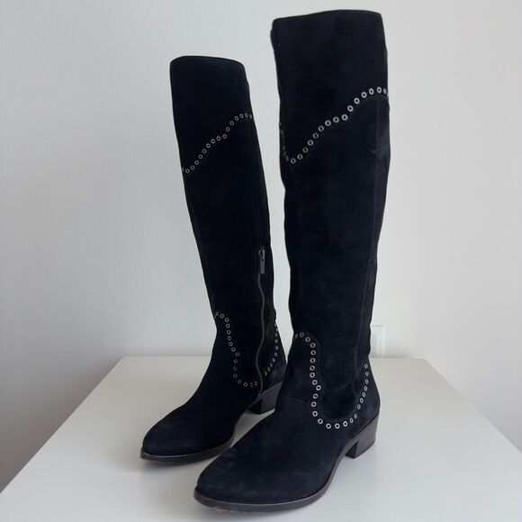 FRYE Boots Womens 6.5 Black Over The Knee Suede Leather Ray Grommet Studded - Picture 3 of 15